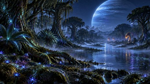 Ancient Pandora at twilight, with Polyphemus in the sky