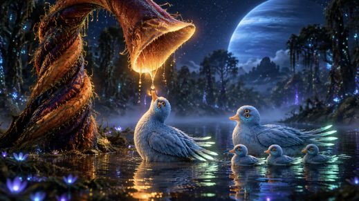 A Taktswìkyu bending its glowing trumpet toward tak ducks
